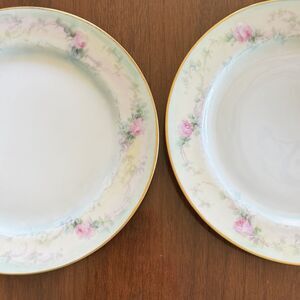 Set Of 2 Antique Limoges France Hand Painted Pink Roses Floral Blue Gold 7 1/2”